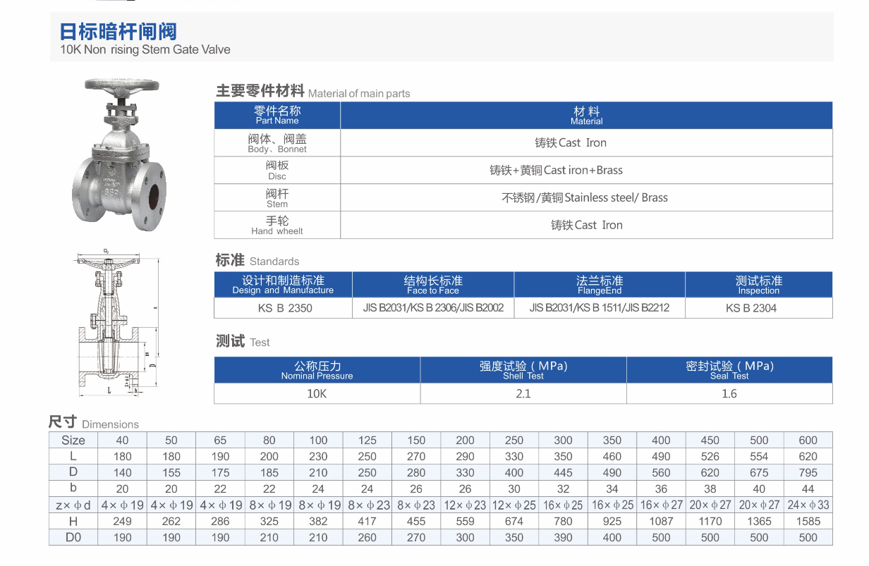 10K NON RISING STEM CAST IRON GATE VALVE